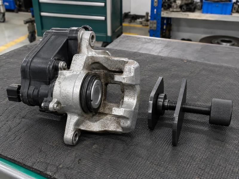 EPB caliper and separate hand piston-reset tool on a bench
