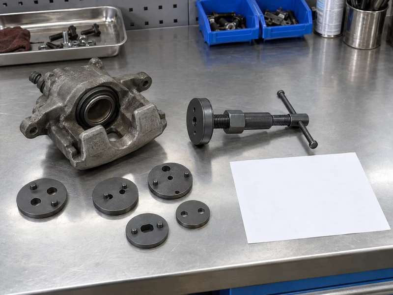 Bidirectional piston reset tool and adapters beside a blank sheet