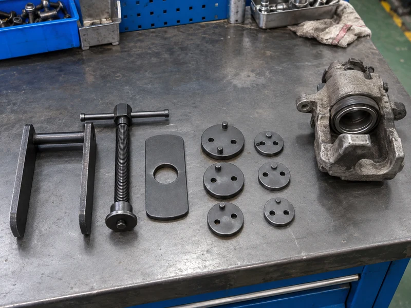Piston reset frame, spindle, thrust plate, and adapters beside caliper
