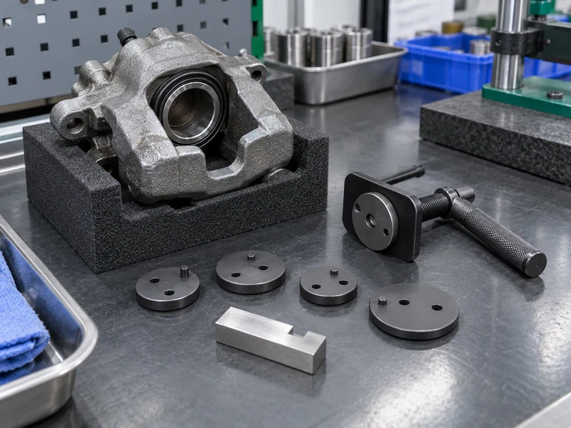 Caliper, separate piston tool, adapters, and plain gauge on QC bench