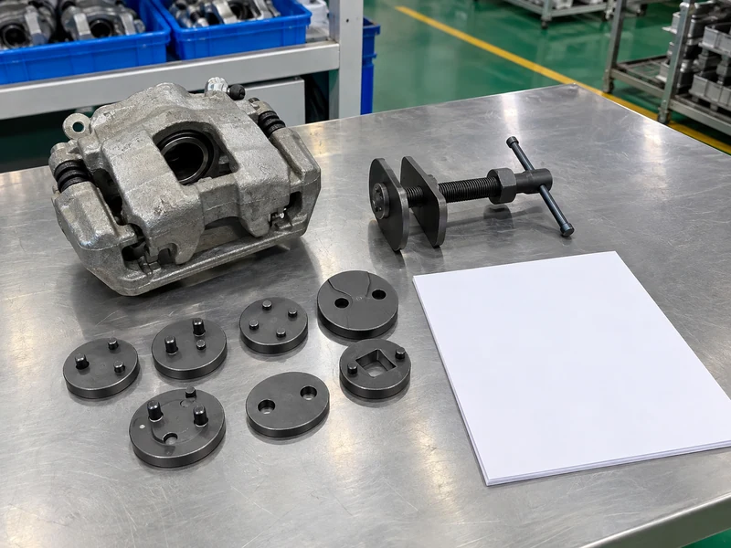 Caliper, separate piston tool, adapters, and blank worksheet