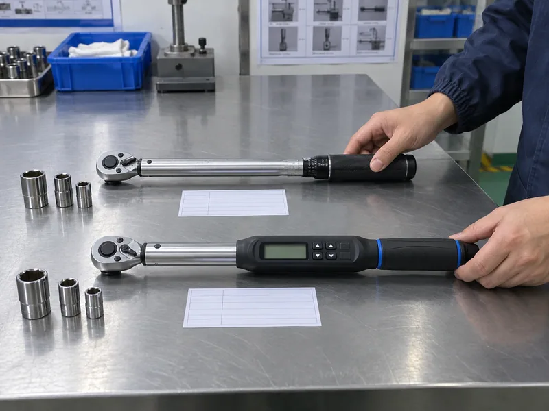 Unbranded click and digital torque wrenches separated on a factory inspection bench