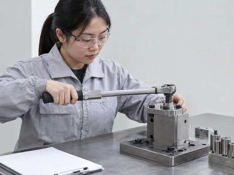 Chinese technician testing a click torque wrench release on a controlled fixture
