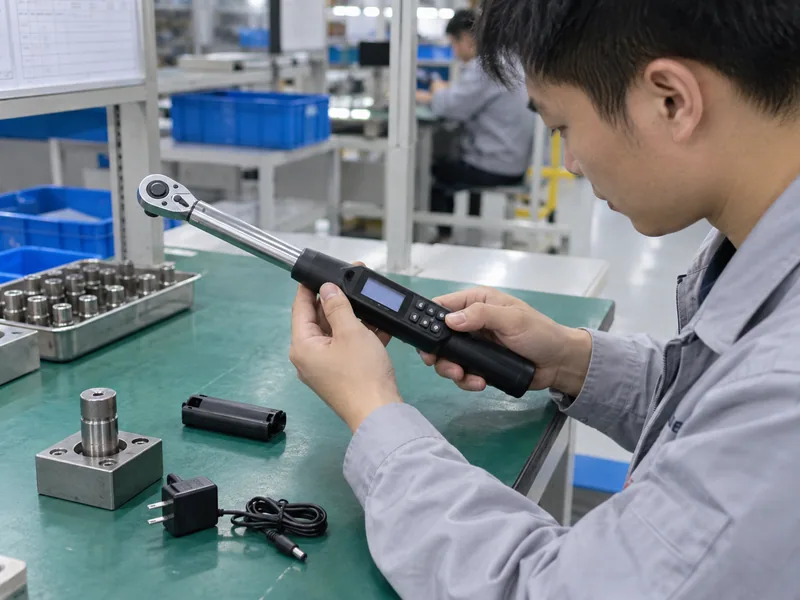 Technician checking a digital torque wrench display and alert controls in a factory