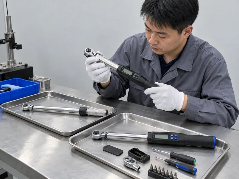 Chinese service technician inspecting mechanical and electronic torque wrench components