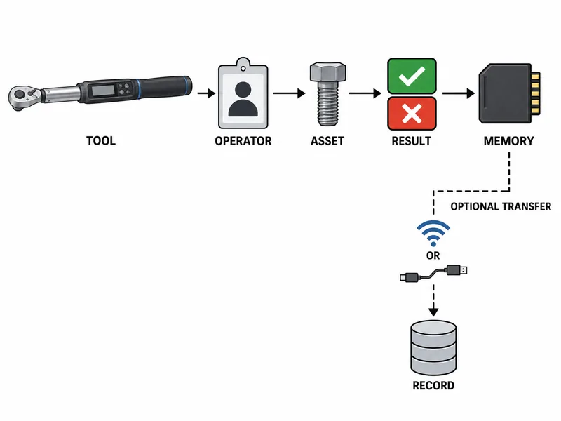 Unlabeled technical workflow diagram from torque result capture to stored quality record