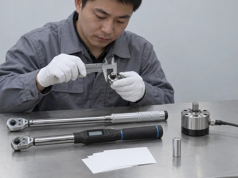 Chinese QC technician checking torque wrench samples, battery, display, and calibration documents