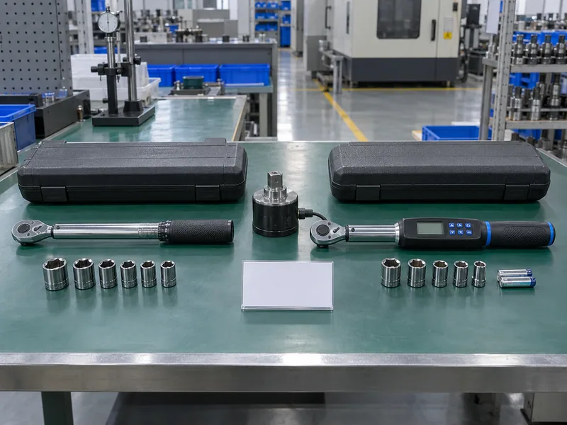 Click and digital torque wrench samples arranged with a blank buyer approval card