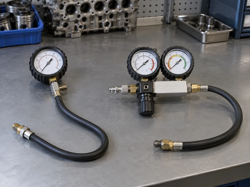 Single-gauge compression tester beside a dual-gauge cylinder leak-down tester