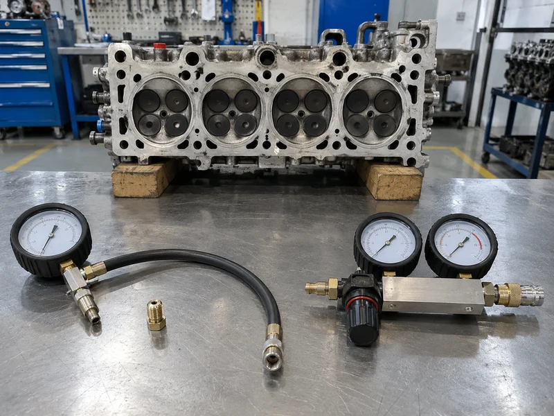 Compression and leakage diagnostic tools displayed beside an unpowered cylinder head