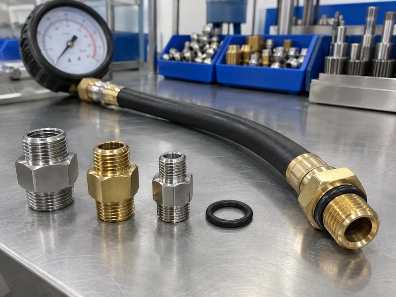 Compression tester hose fittings and threaded spark-plug-port adapters