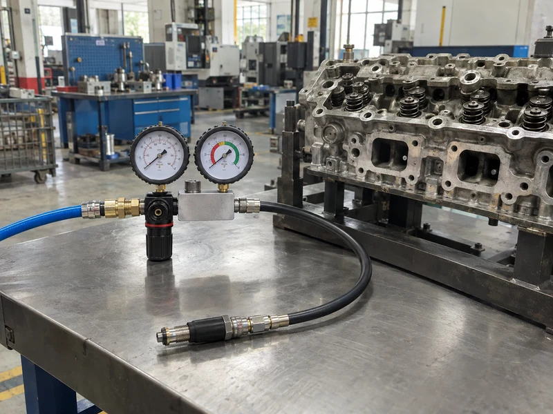 Dual-gauge leak-down tester beside a stationary engine cylinder head