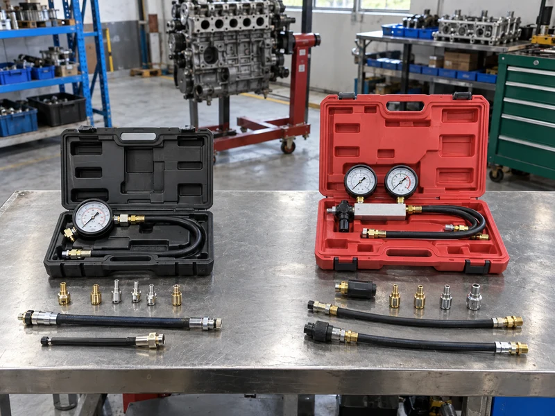 Compression and leak-down tester kits arranged for a shop purchase review