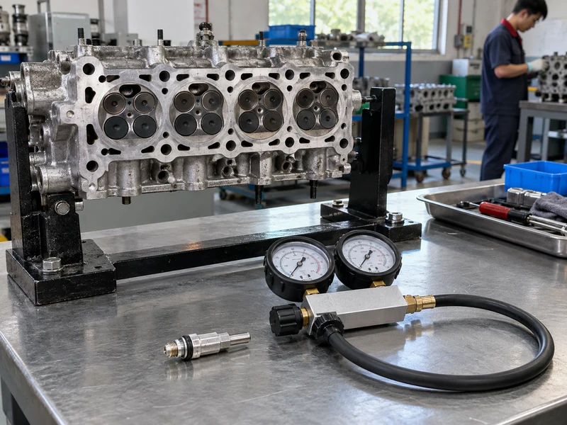 Unpressurized leak-down tester beside a stationary engine cylinder head