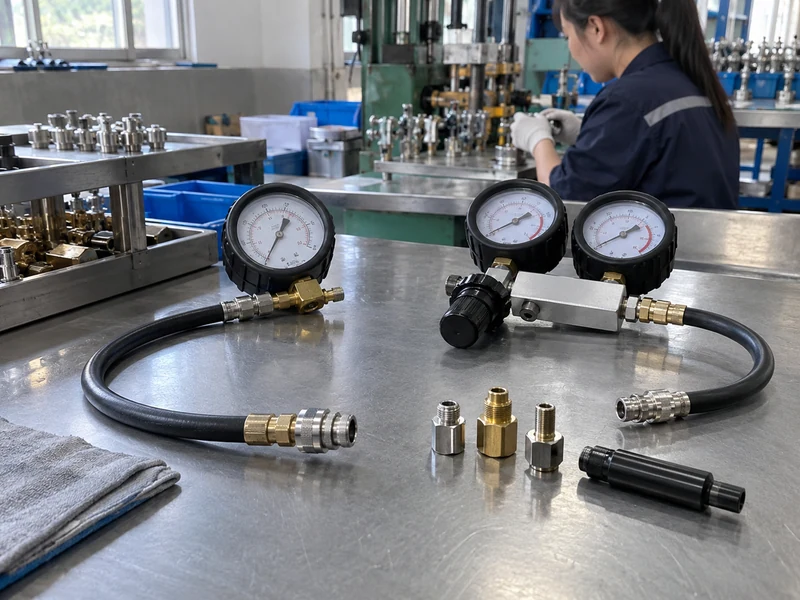 Engine diagnostic gauges and adapters checked side by side on a bench