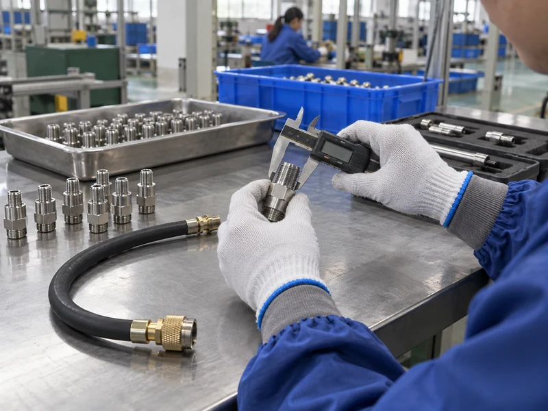 QC worker checks a compression tester hose and adapter fit