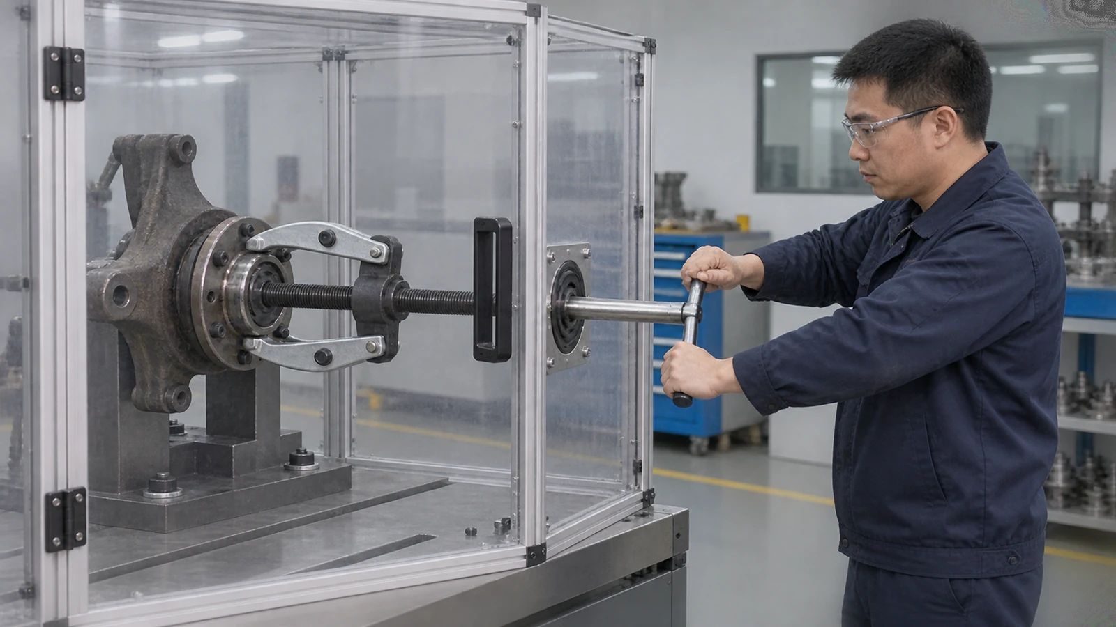 Technician applies gradual manual force to a guarded wheel hub puller test