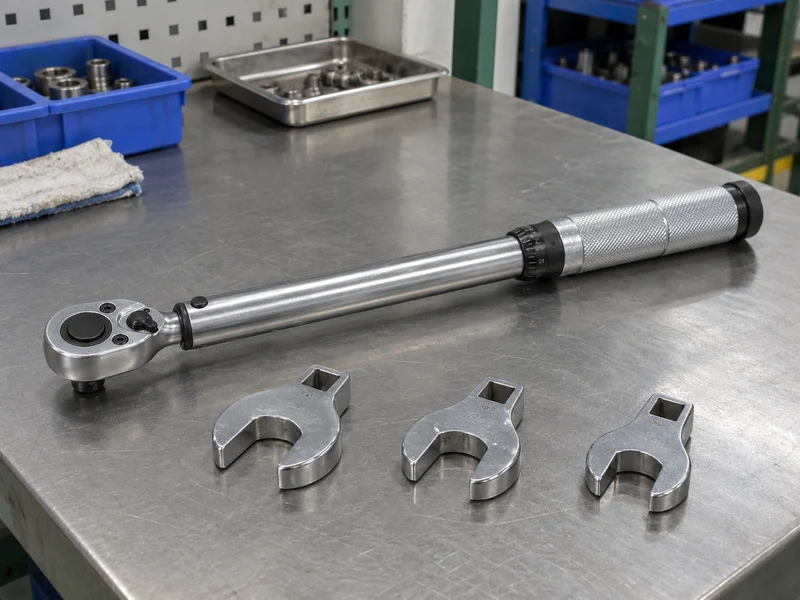 Open-end crowfoot wrench heads beside a torque wrench on a sample bench