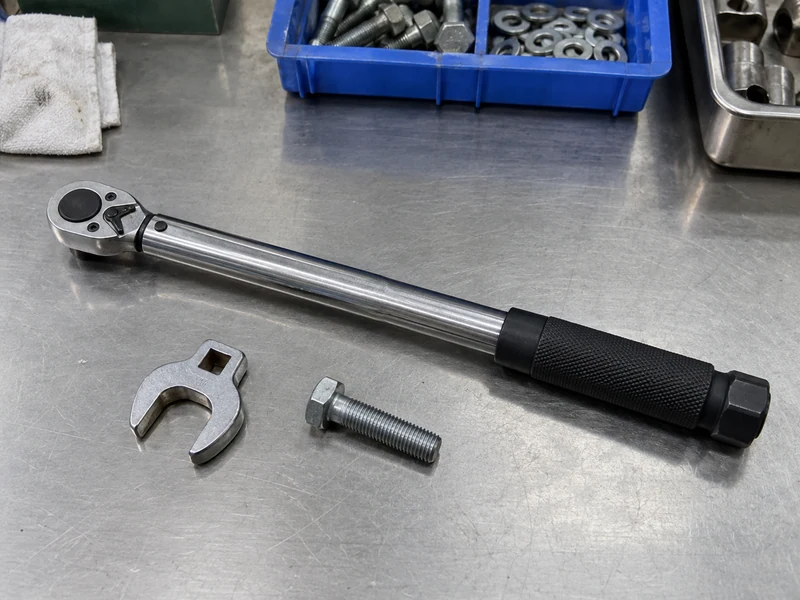 Detached torque wrench and crowfoot adapter on an inspection table