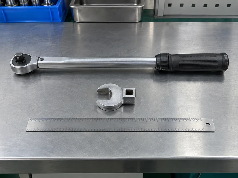 Torque wrench, crowfoot adapter, and plain ruler laid separately