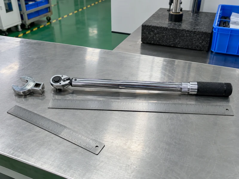 Crowfoot adapter and measuring rules beside an unconnected torque wrench