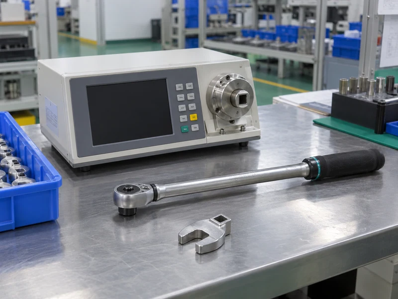 Torque analyzer and detached torque tools at rest on a QC bench