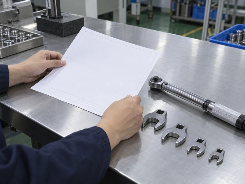 Hands reviewing a blank worksheet beside torque tools