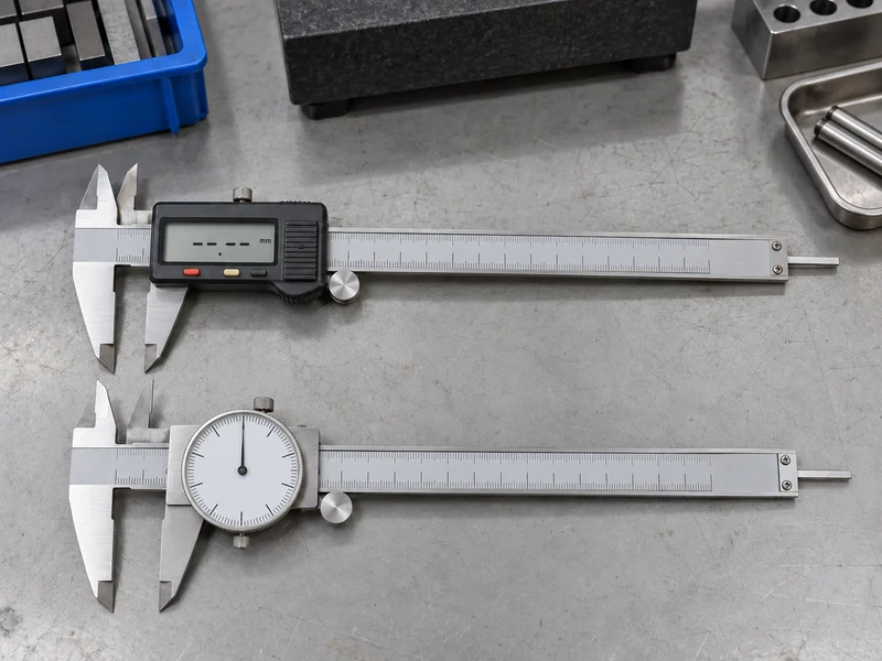 Digital caliper beside a dial caliper with matching jaw geometry