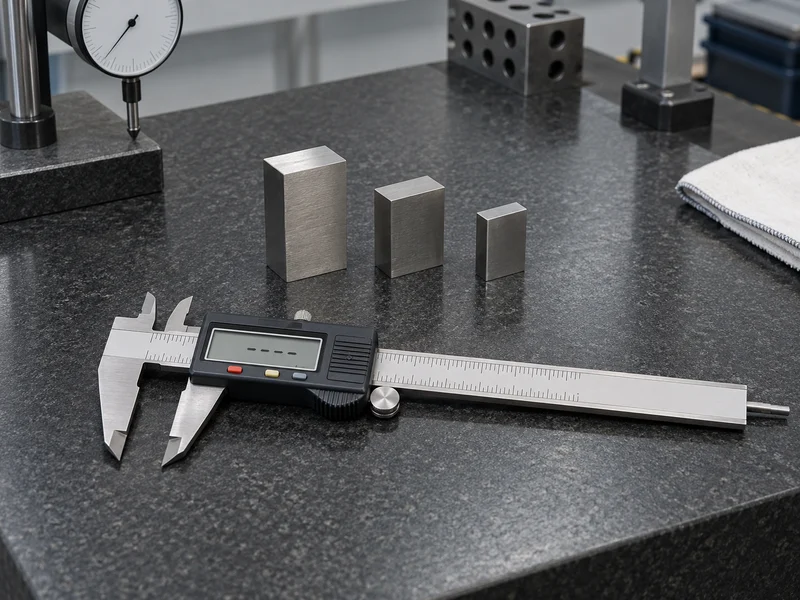 Digital caliper and steel gauge blocks prepared for a sample check