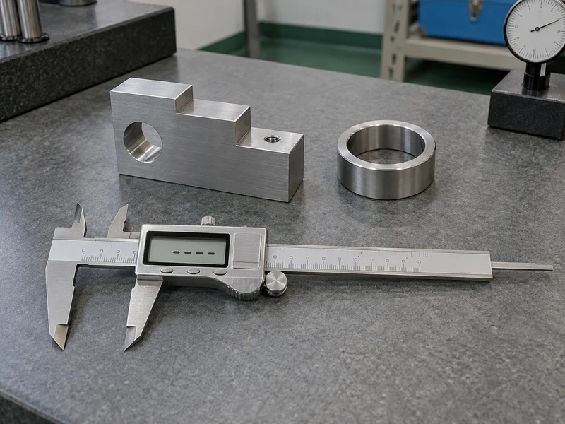 Caliper with a visible depth rod beside stepped and hollow metal samples