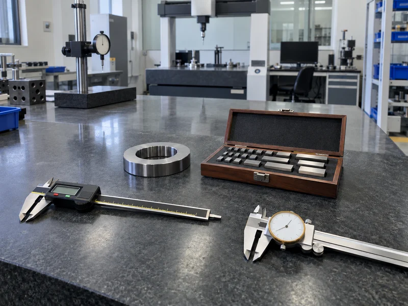Calipers, reference blocks and a ring standard prepared on a granite inspection surface
