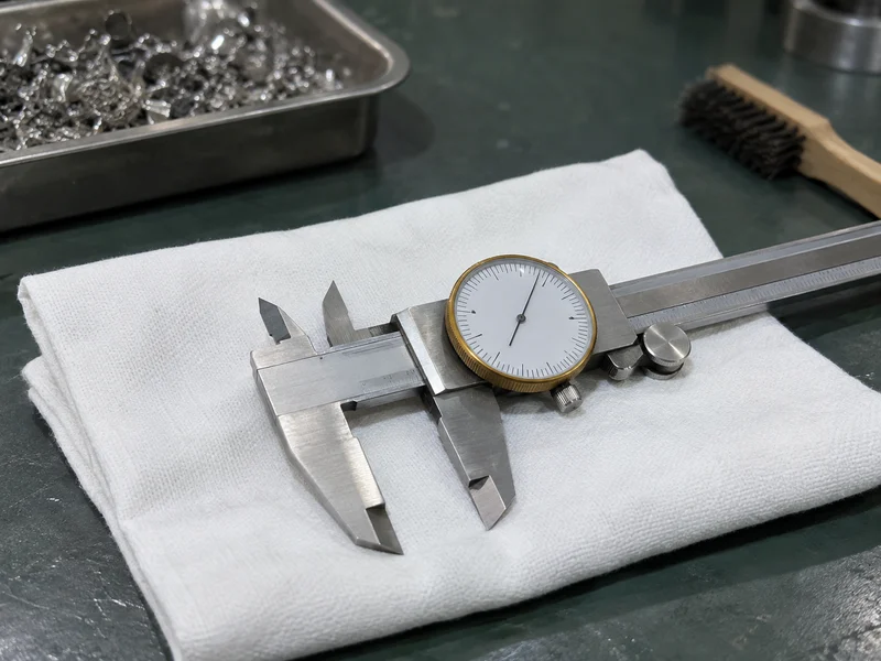 Clean caliper contact jaws beside a lint-free cloth and brush