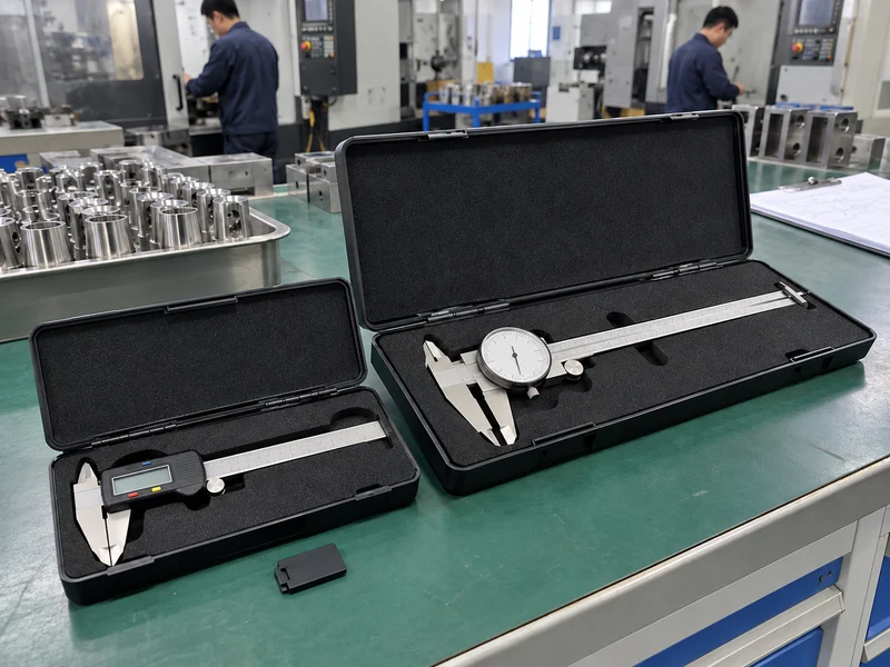 Compact and full-length calipers packed in fitted cases