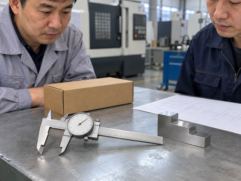 Dial caliper sample, plain carton and metal reference block at a buyer discussion