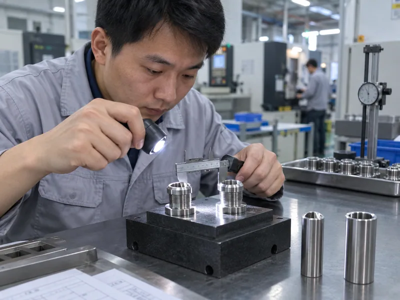 Chinese quality technician inspecting brake-tube port seats and matching sample ends
