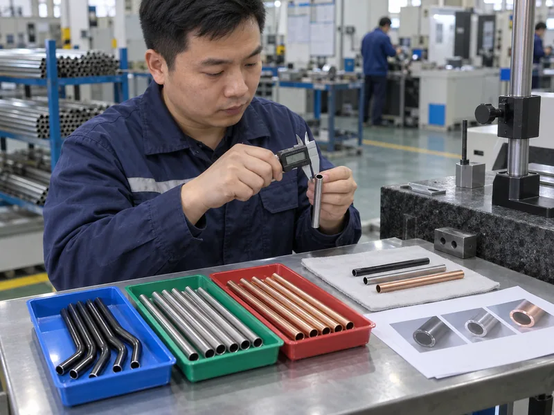 Factory technician measuring brake tube diameter and wall condition for flare compatibility