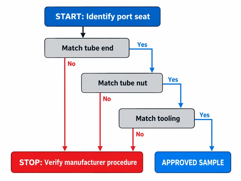 Technical diagram showing nonmatching flare and port seats without implying interchangeability