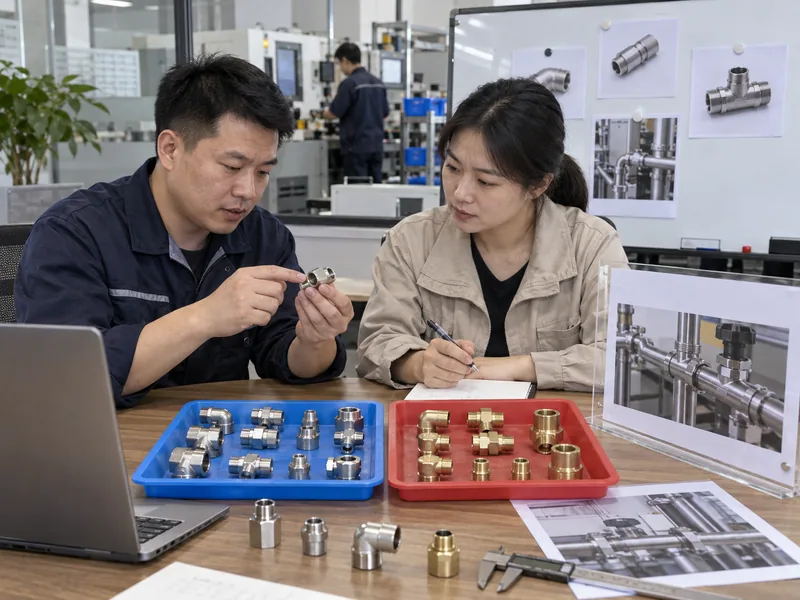 Chinese buyer reviewing mixed fitting samples and application evidence before selecting a flare tool