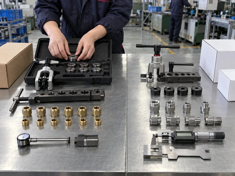 B2B distributor assortment layout separating flare tools, dies, nuts, and inspection aids
