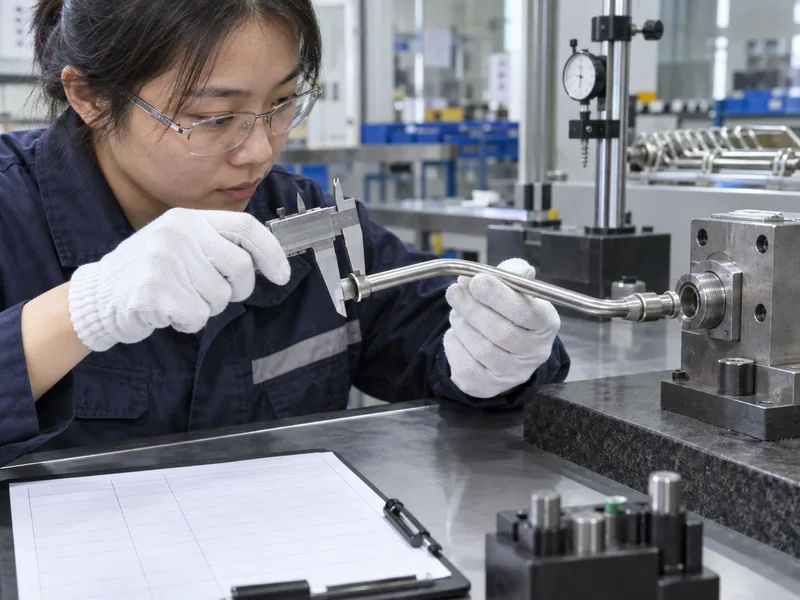 Quality technician checking a formed tube sample against its approved matching port