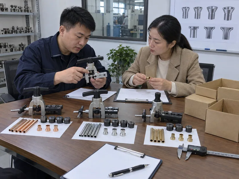 Chinese supplier and importer reviewing a flare-tool RFQ with samples and inspection records