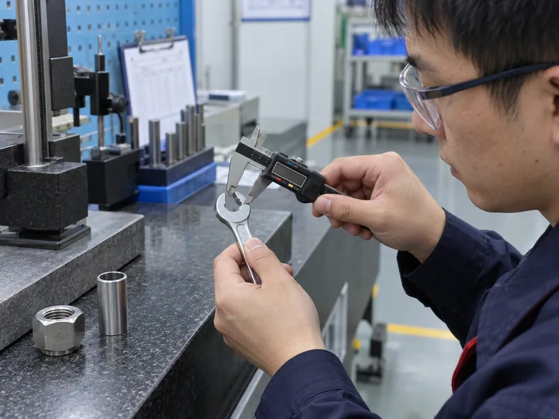 Chinese quality technician measuring wrench opening, slot, bridge, and head wall with calipers