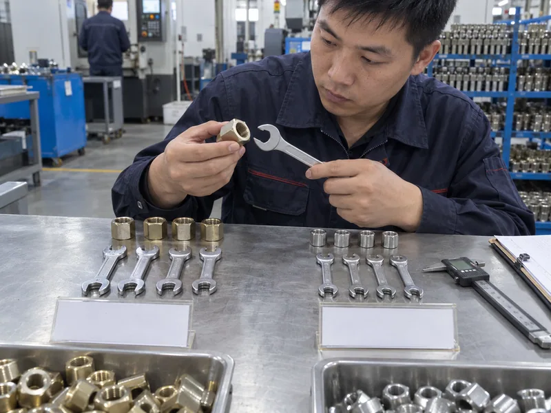 Metric and SAE master nuts matched to separate flare nut wrench samples on a factory bench