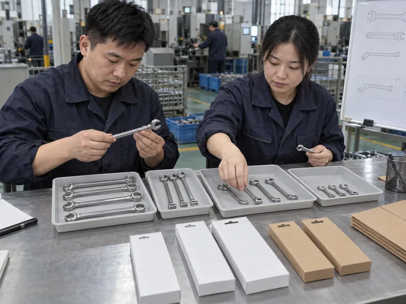 Chinese product planner organizing double-ended and single-size line wrench samples by range role