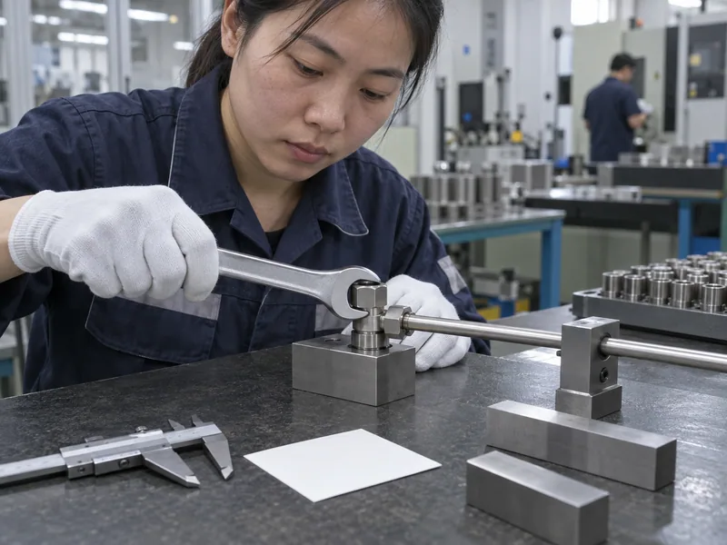 Chinese QC technician checking flare nut wrench seating, tube entry, and finish with master gauges