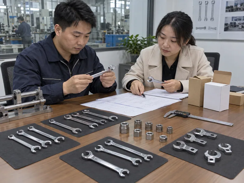 Chinese supplier and importer reviewing flare nut wrench RFQ samples and blank inspection records