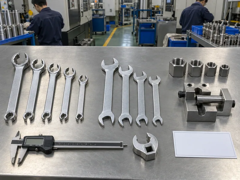 Buyer release layout with line wrenches, master nuts, tube fixture, caliper, and blank approval card
