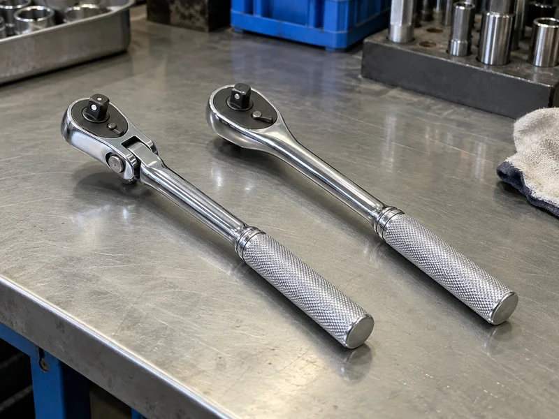 Flex-head ratchet with visible pivot beside a fixed-head ratchet