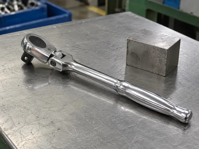 Flex-head ratchet angled beside a plain metal obstruction block
