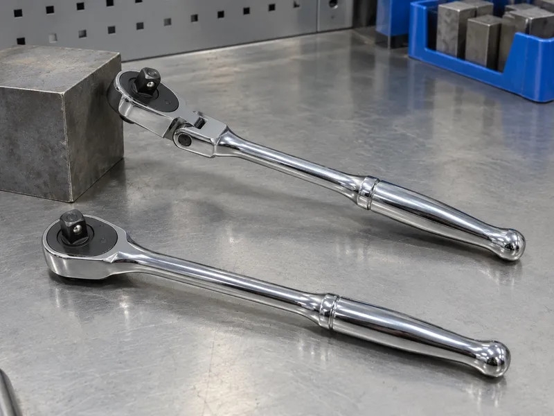 Flex-head and fixed-head ratchets beside a plain obstruction block